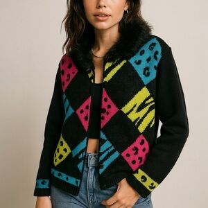 Vintage 90s Jack B Quick Neon Chenille Fuzzy Cardigan Sweater Y2K Medium